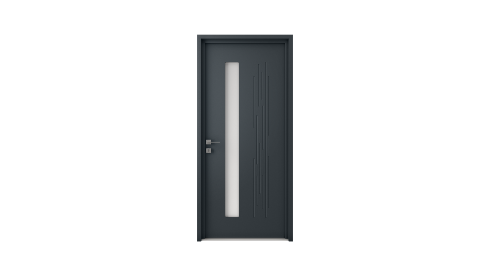 Porte d'entrée acier BATZ Porte d'entrée gris avec rectangulaire vitrée et décoration horizontale